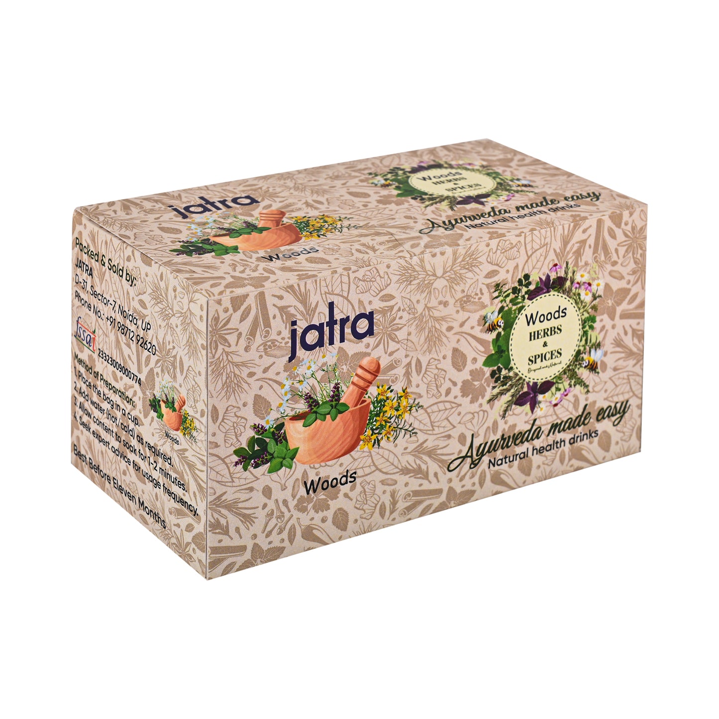 JatraWoods Assorted Ayurvedic Pack of 5 Herbs – Tulsi, Ashwagandha, Brahmi, Shankhpushpi & Herbal Tea | Natural Health Drinks | 50 Bags