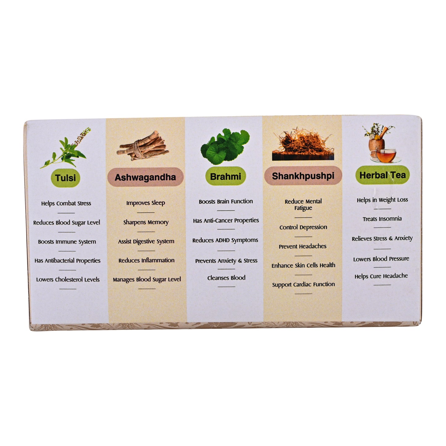 JatraWoods Assorted Ayurvedic Pack of 5 Herbs – Tulsi, Ashwagandha, Brahmi, Shankhpushpi & Herbal Tea | Natural Health Drinks | 50 Bags