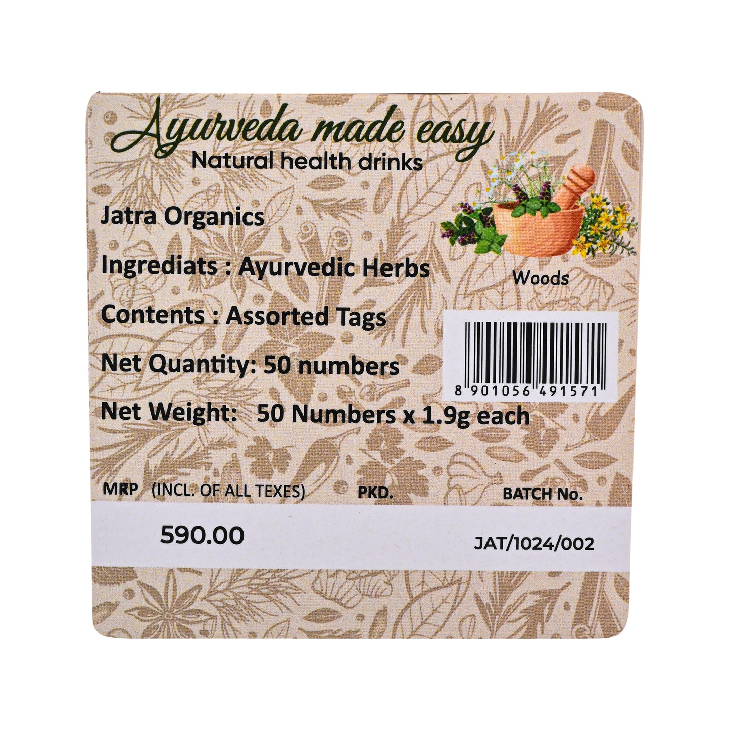 JatraWoods Assorted Ayurvedic Pack of 5 Herbs – Tulsi, Ashwagandha, Brahmi, Shankhpushpi & Herbal Tea | Natural Health Drinks | 50 Bags