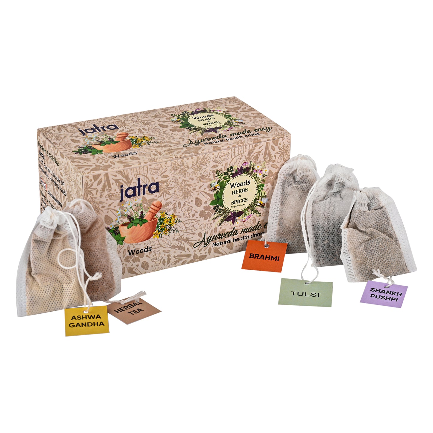 JatraWoods Assorted Ayurvedic Pack of 5 Herbs – Tulsi, Ashwagandha, Brahmi, Shankhpushpi & Herbal Tea | Natural Health Drinks | 50 Bags