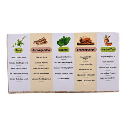 JatraWoods Assorted Ayurvedic Pack of 5 Herbs – Tulsi, Ashwagandha, Brahmi, Shankhpushpi & Herbal Tea | Natural Health Drinks | 50 Bags