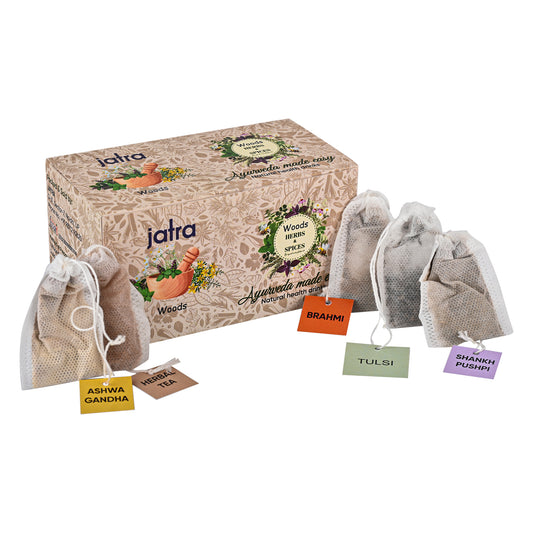 JatraWoods Assorted Ayurvedic Pack of 5 Herbs – Tulsi, Ashwagandha, Brahmi, Shankhpushpi & Herbal Tea | Natural Health Drinks | 50 Bags